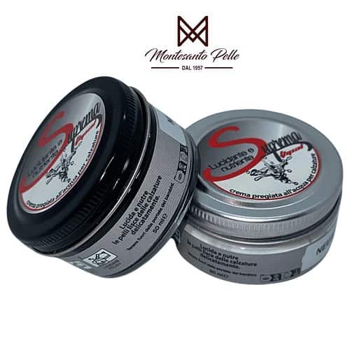 Crema autolucidante a base d’acqua (prodotto eco), vasetto in vetro da 50ml, disponibile in colore nero e neutro